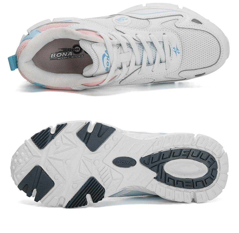 Women's breathable lightweight lace-up running shoes SF0199 showcasing flexible sole and durable cow split fabric upper.